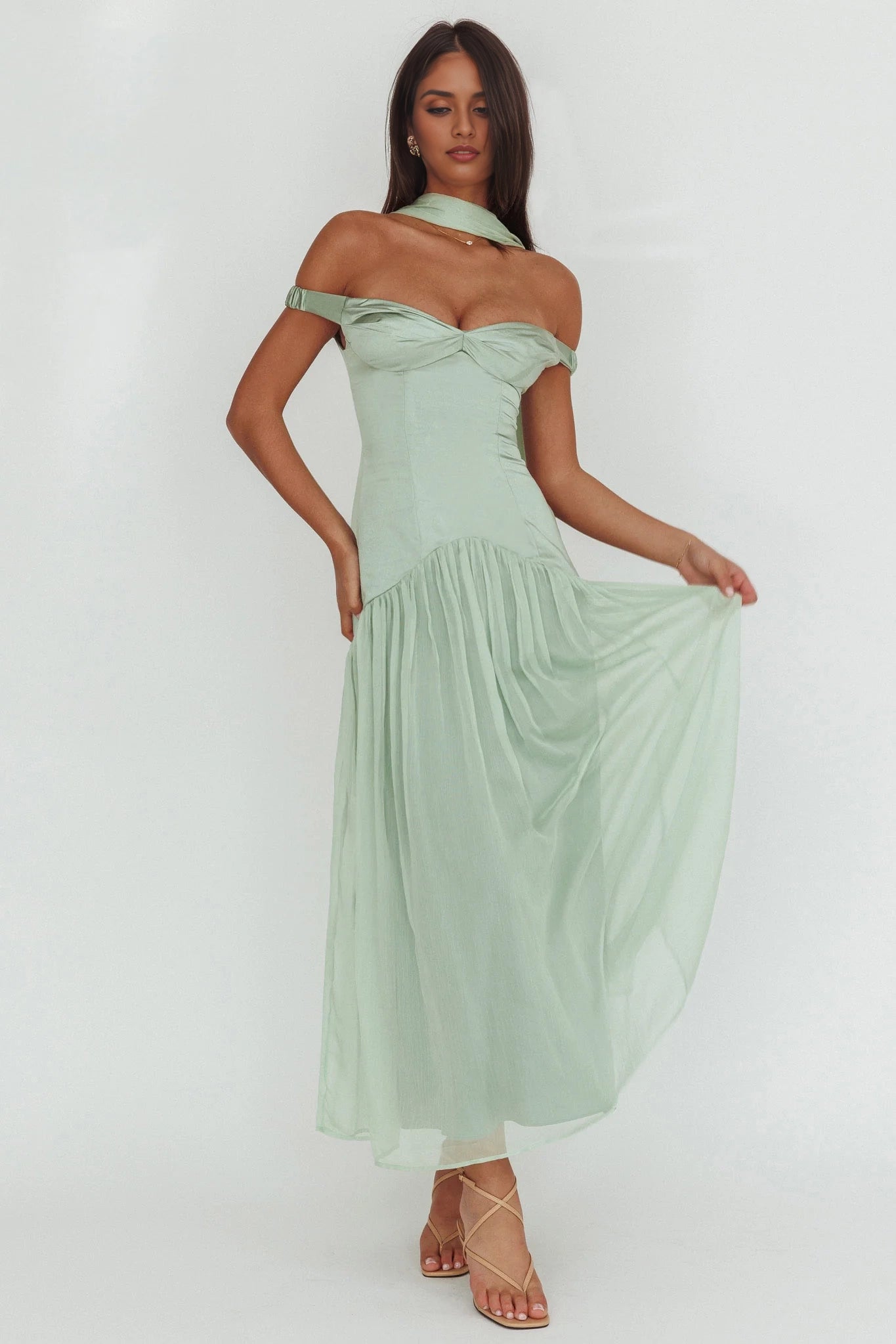 Stunning off shoulder, low waist, back zipper bridesmaid dress