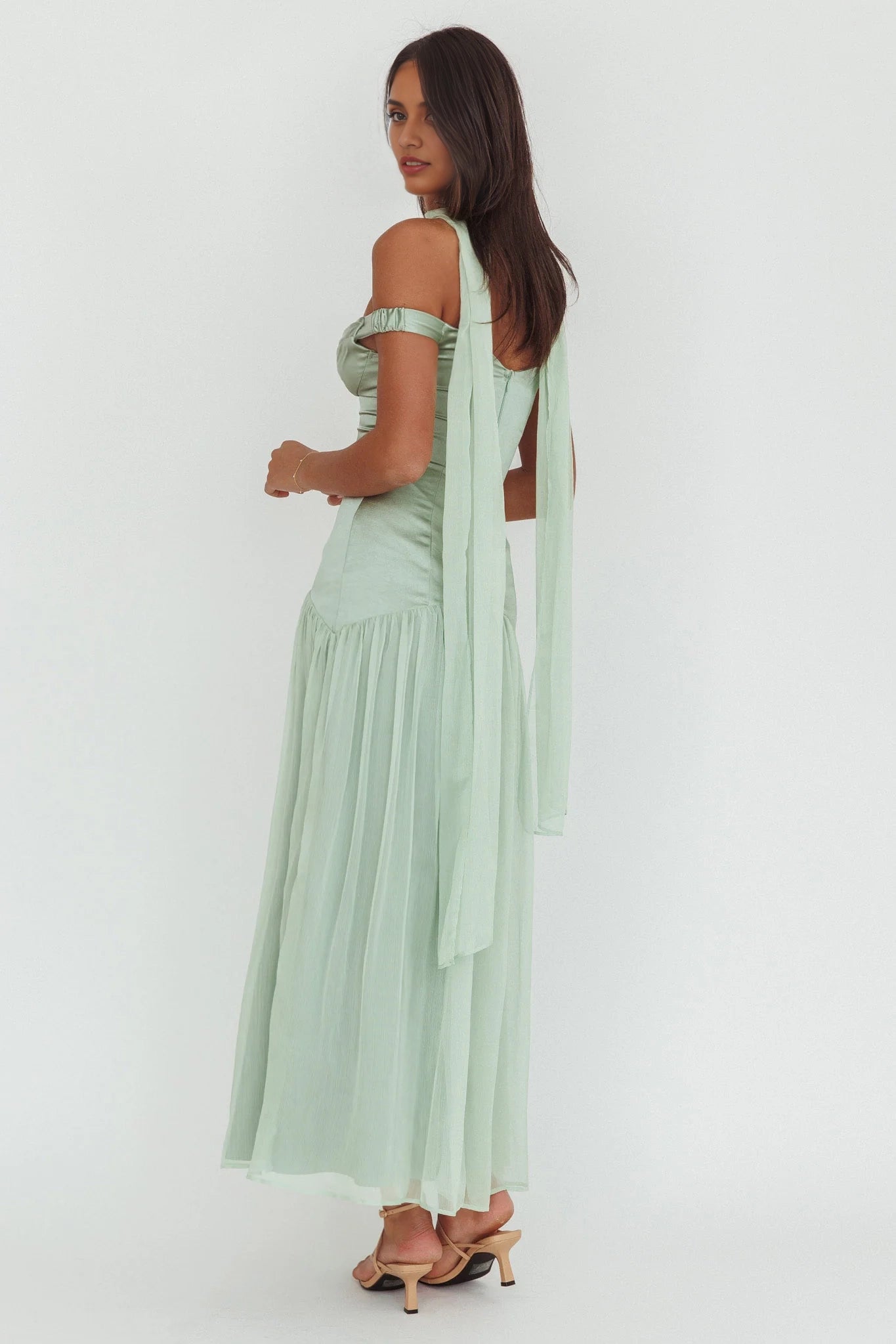 Stunning off shoulder, low waist, back zipper bridesmaid dress