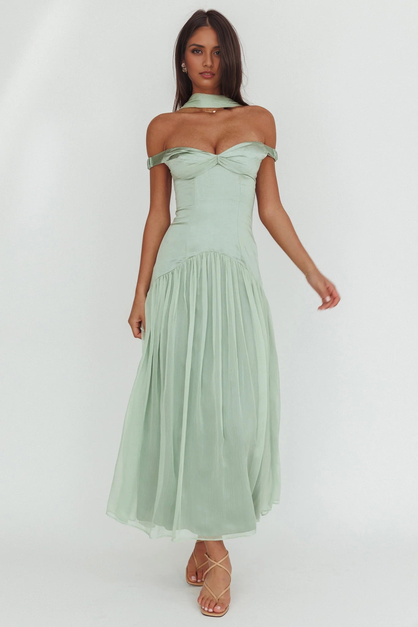 Stunning off shoulder, low waist, back zipper bridesmaid dress