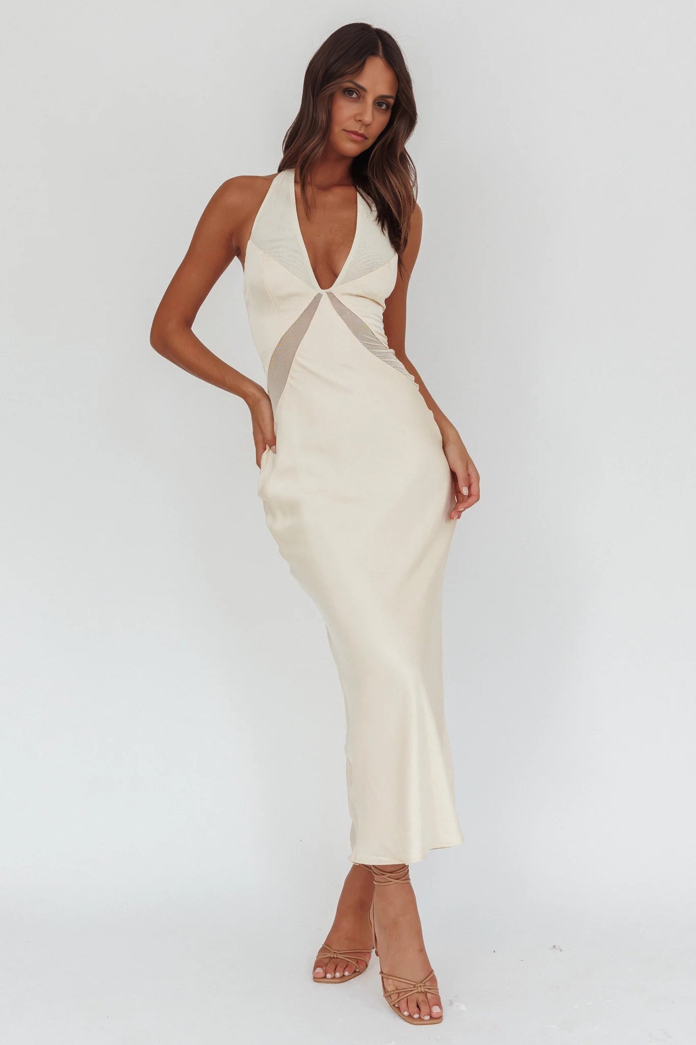 Stunning perspective splicing backless hanging neck button closure bridesmaid dress
