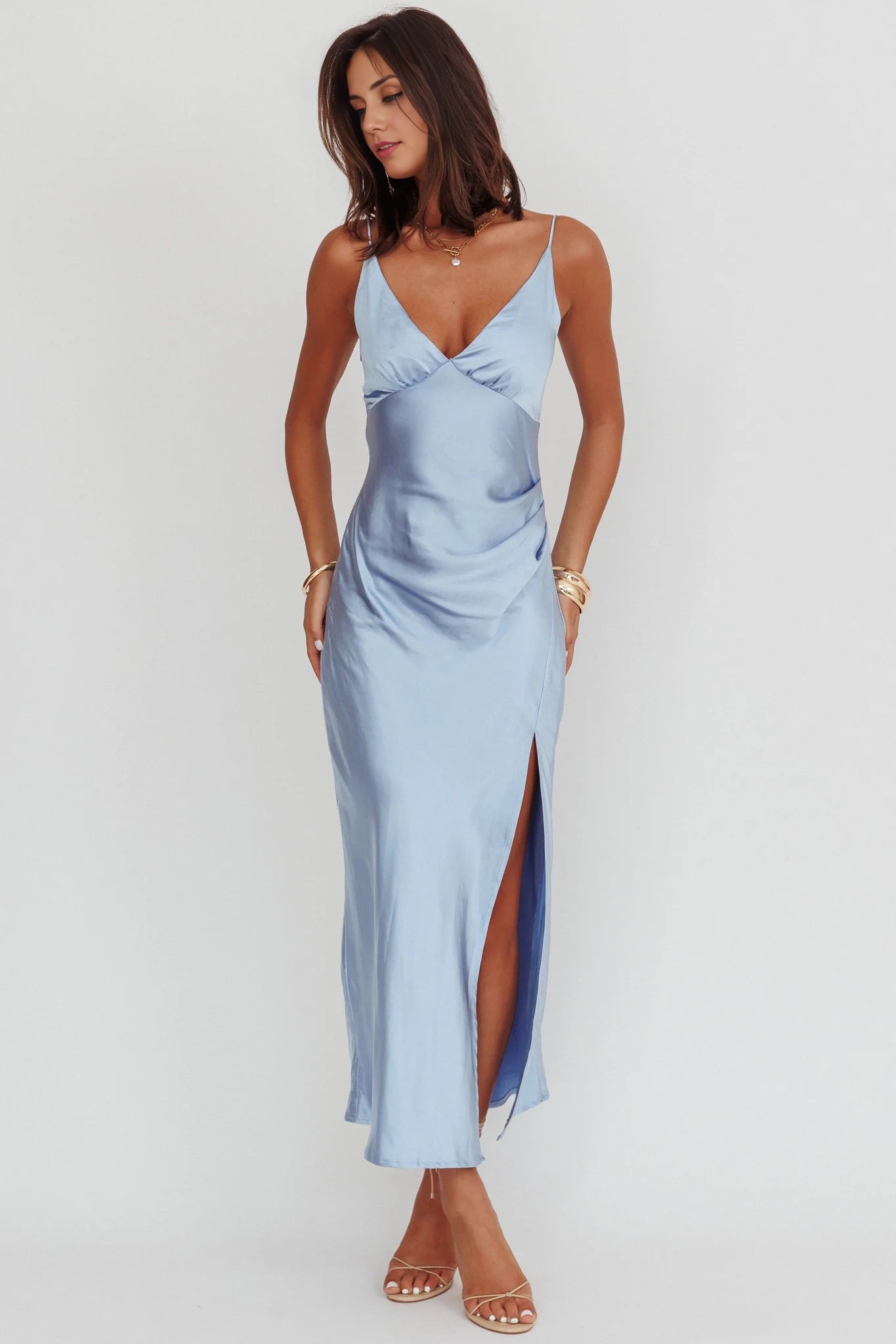 Stunning satin V-neck leg slit adjustable slim shoulder bridesmaid dress