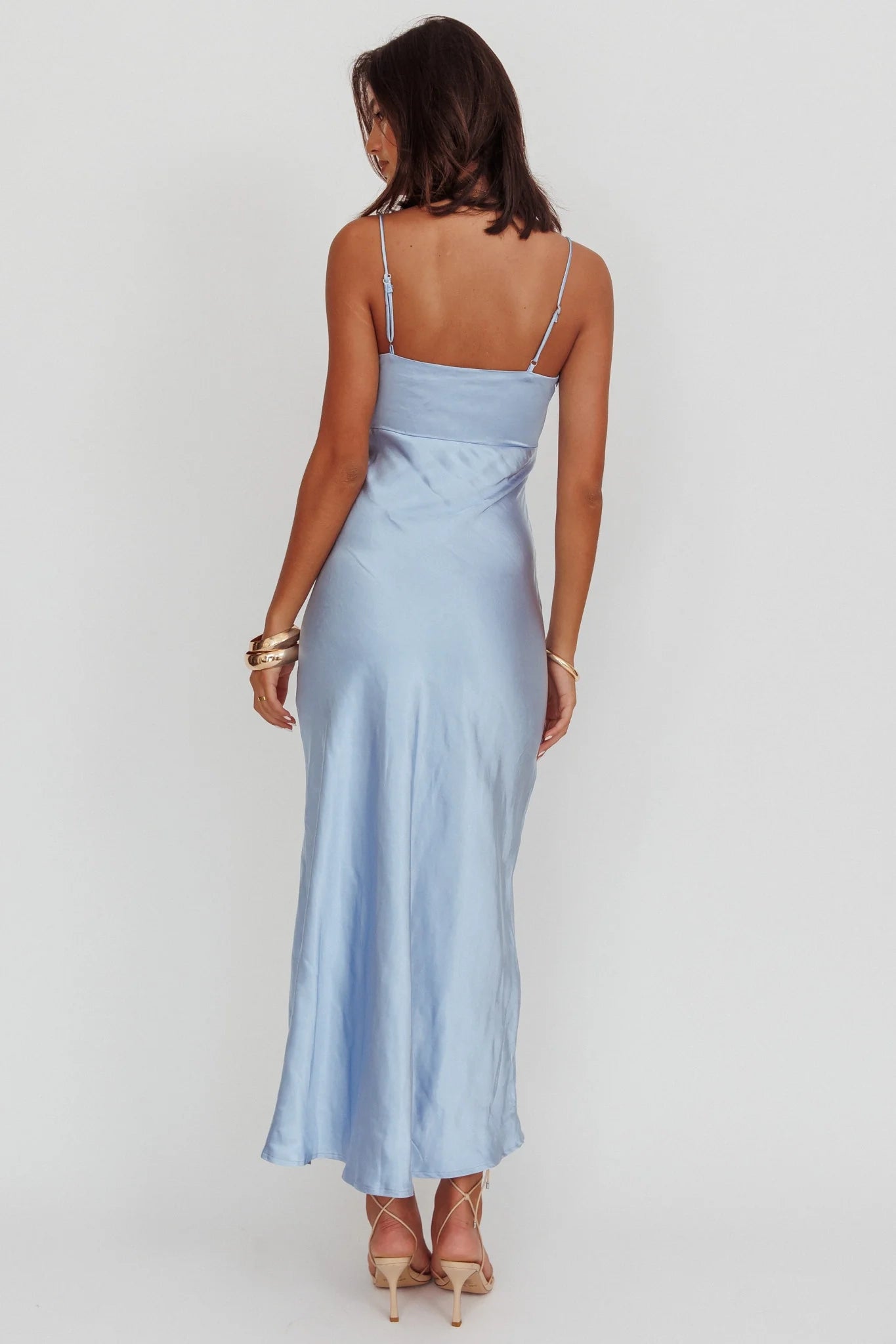 Stunning satin V-neck leg slit adjustable slim shoulder bridesmaid dress