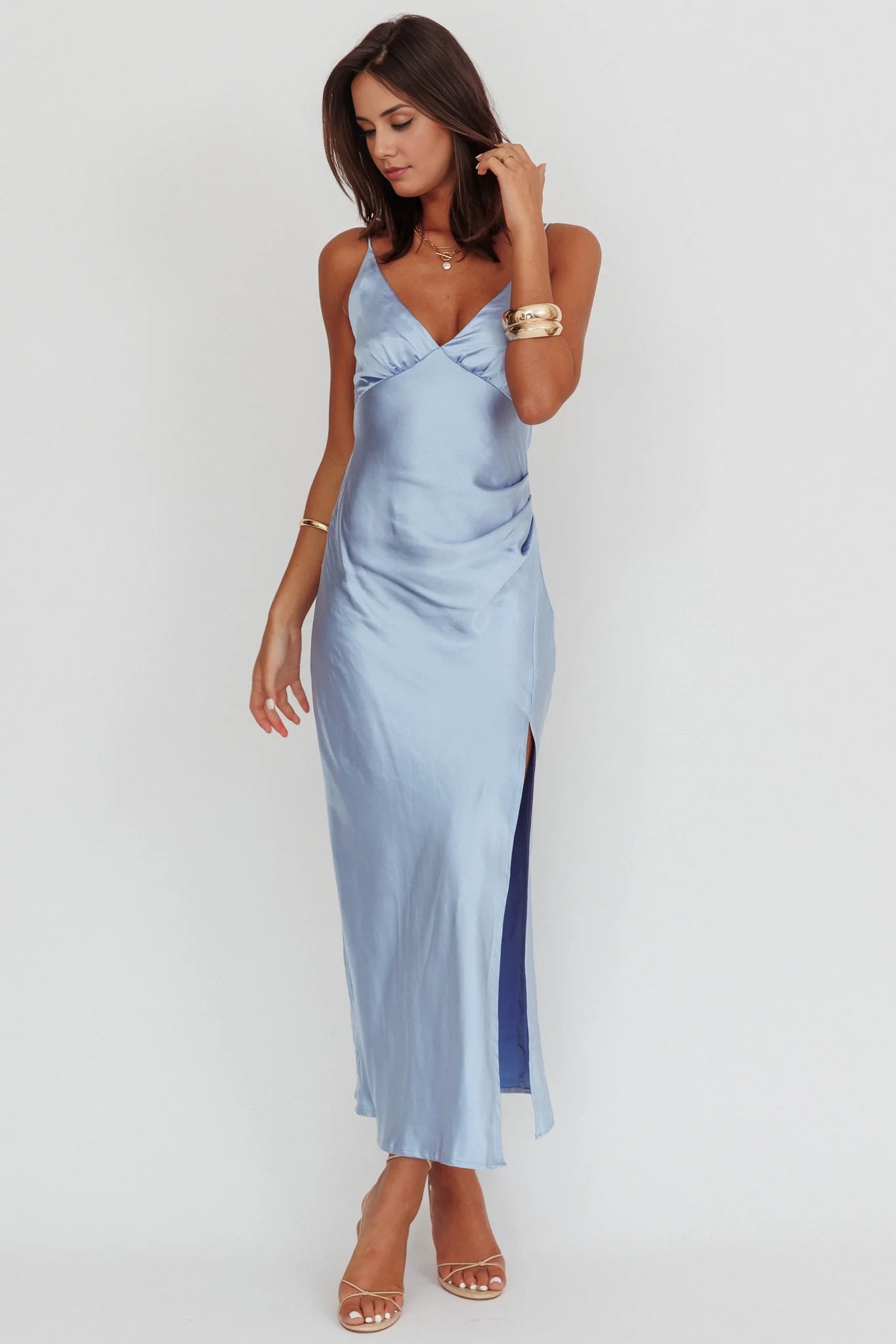 Stunning satin V-neck leg slit adjustable slim shoulder bridesmaid dress