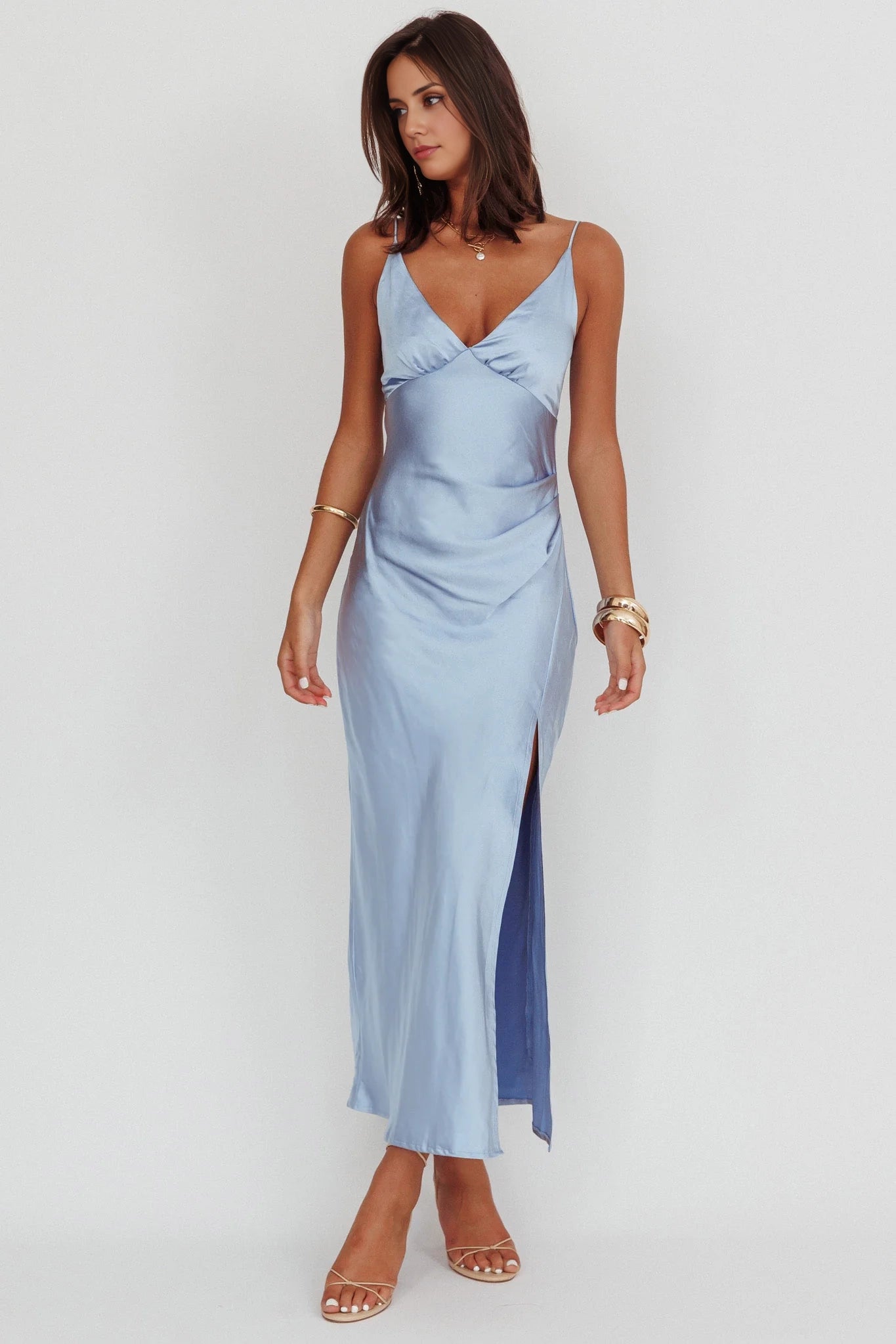 Stunning satin V-neck leg slit adjustable slim shoulder bridesmaid dress