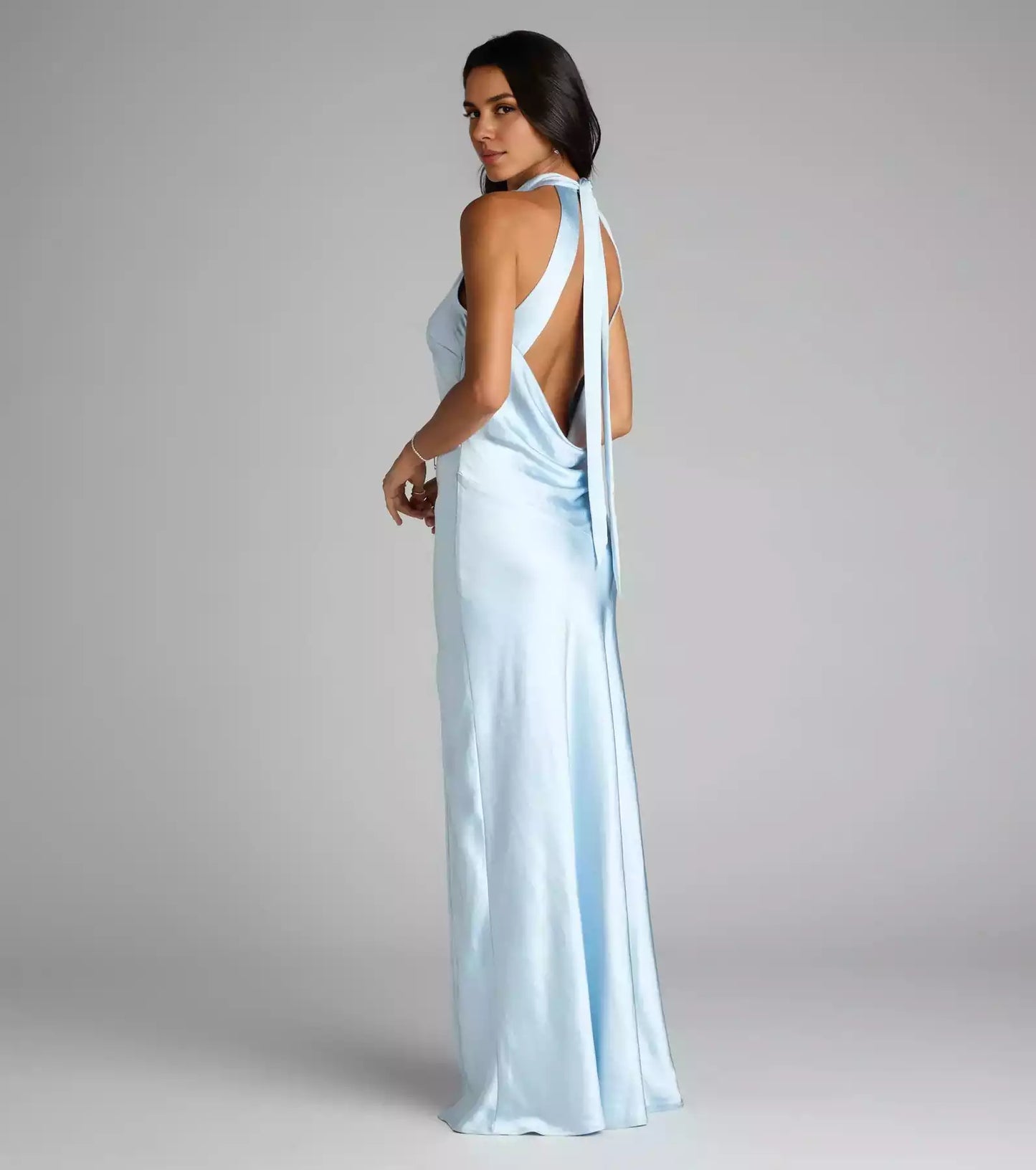 Stunning satin lace up backless neckline, snug fit, high slit and floor Prom Dresses