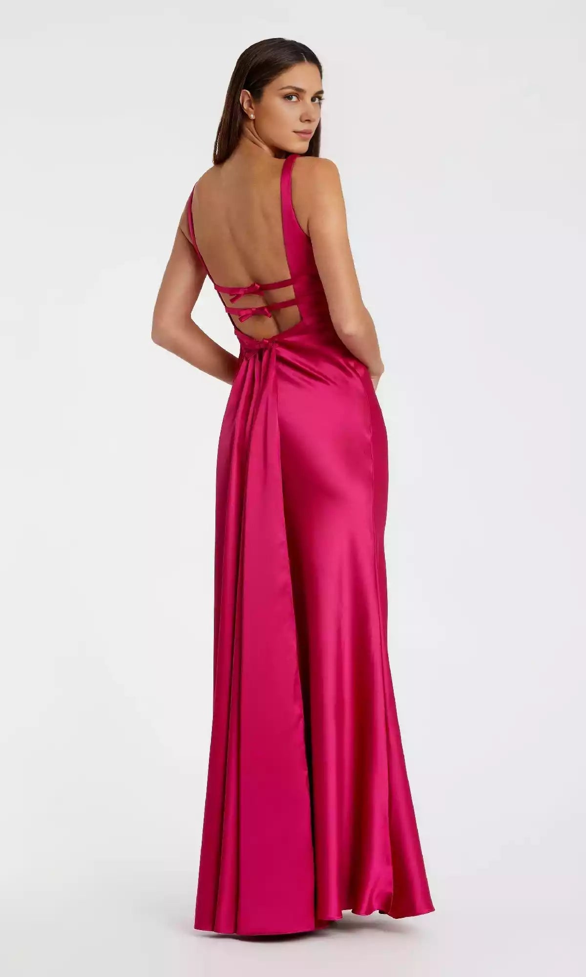 Stunning satin long backless V-neck with slim shoulder straps hanging down at the back, showcasing exquisite and noble Prom Dresses