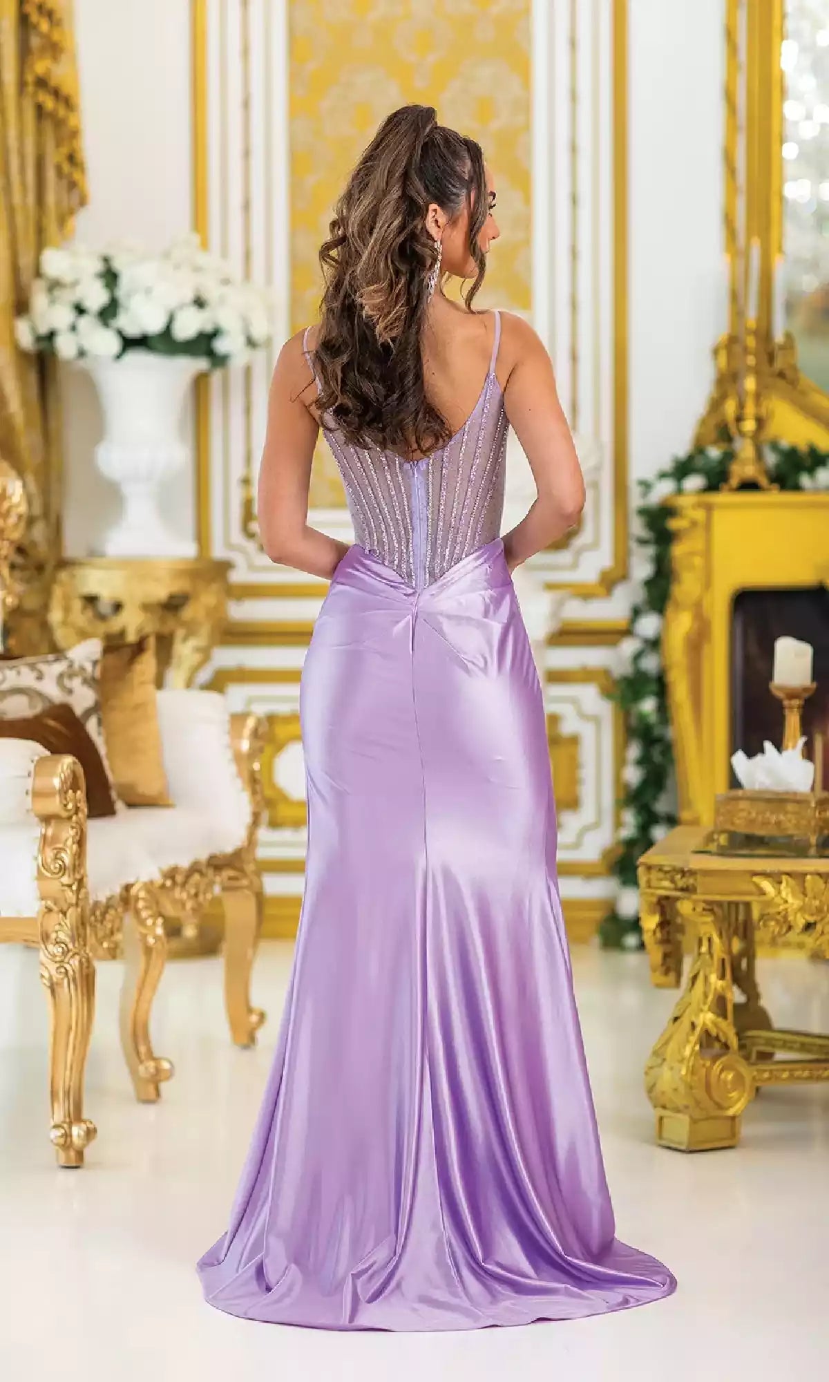 Stunning satin long chiffon beaded corset with pleated side high slits, dazzling Prom Dresses
