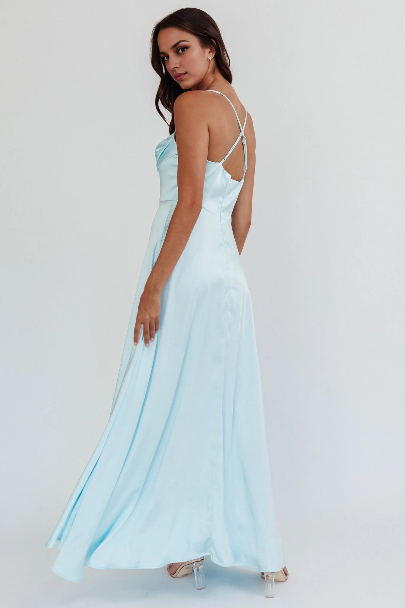 Stunning satin super long high slit with lightweight gathering slit inside bridesmaid dress