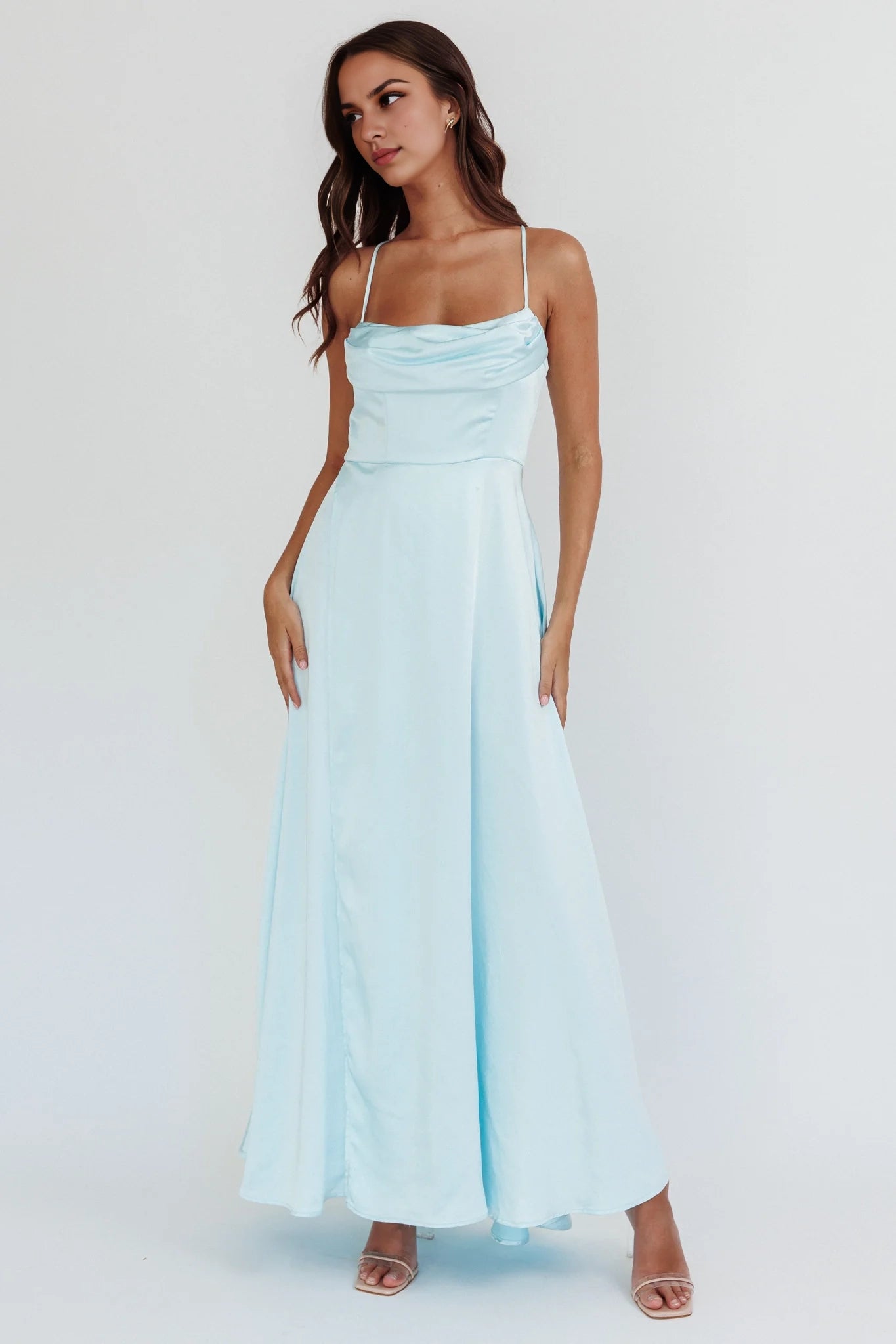 Stunning satin super long high slit with lightweight gathering slit inside bridesmaid dress