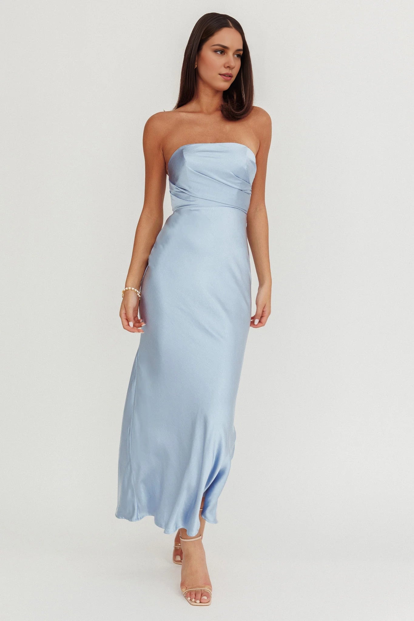 Stunning strapless, ultra long bust, invisible back zipper bridesmaid dress