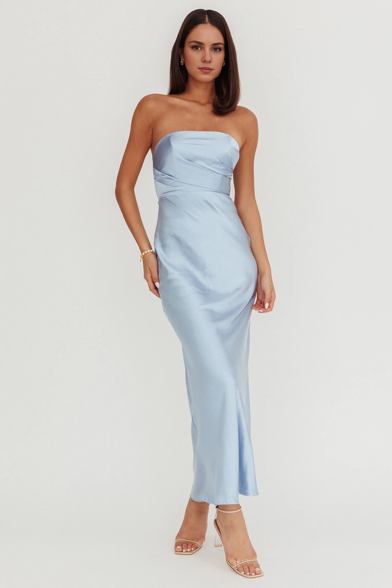Stunning strapless, ultra long bust, invisible back zipper bridesmaid dress