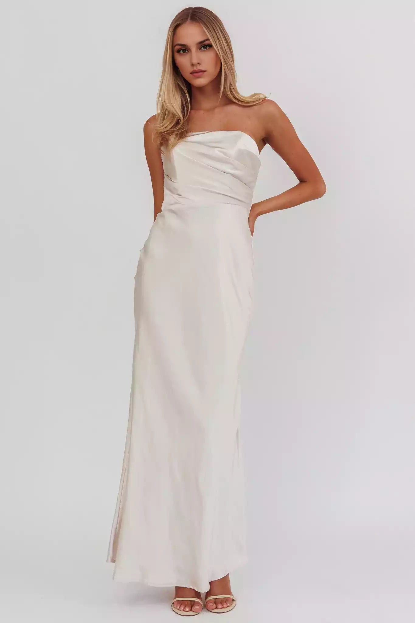 Stunning strapless ultra long off shoulder satin without lining, invisible back zipper Bridesmaid Dresses