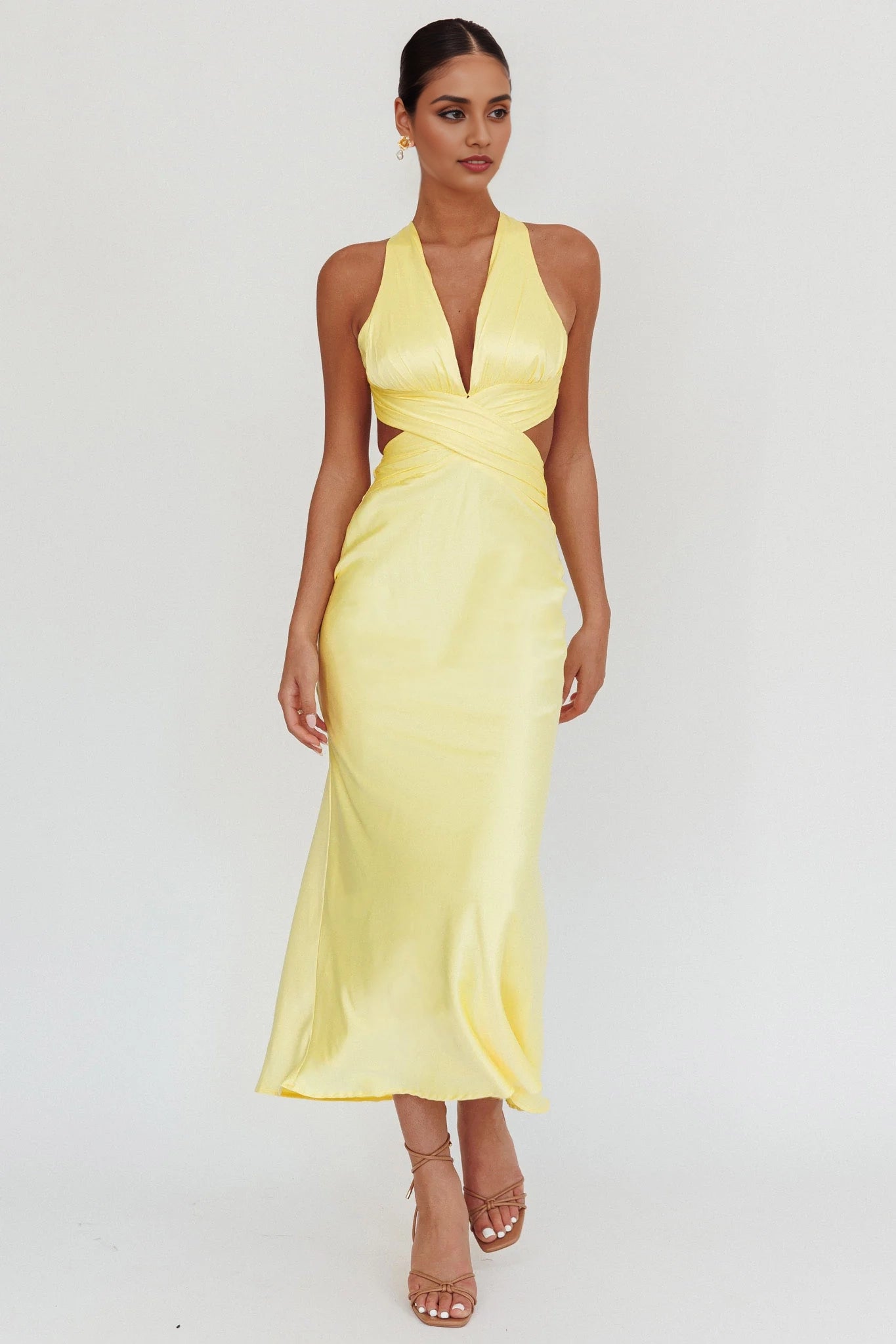 Stunning waist slit, cross straps, exposed back, invisible back zipper bridesmaid dress