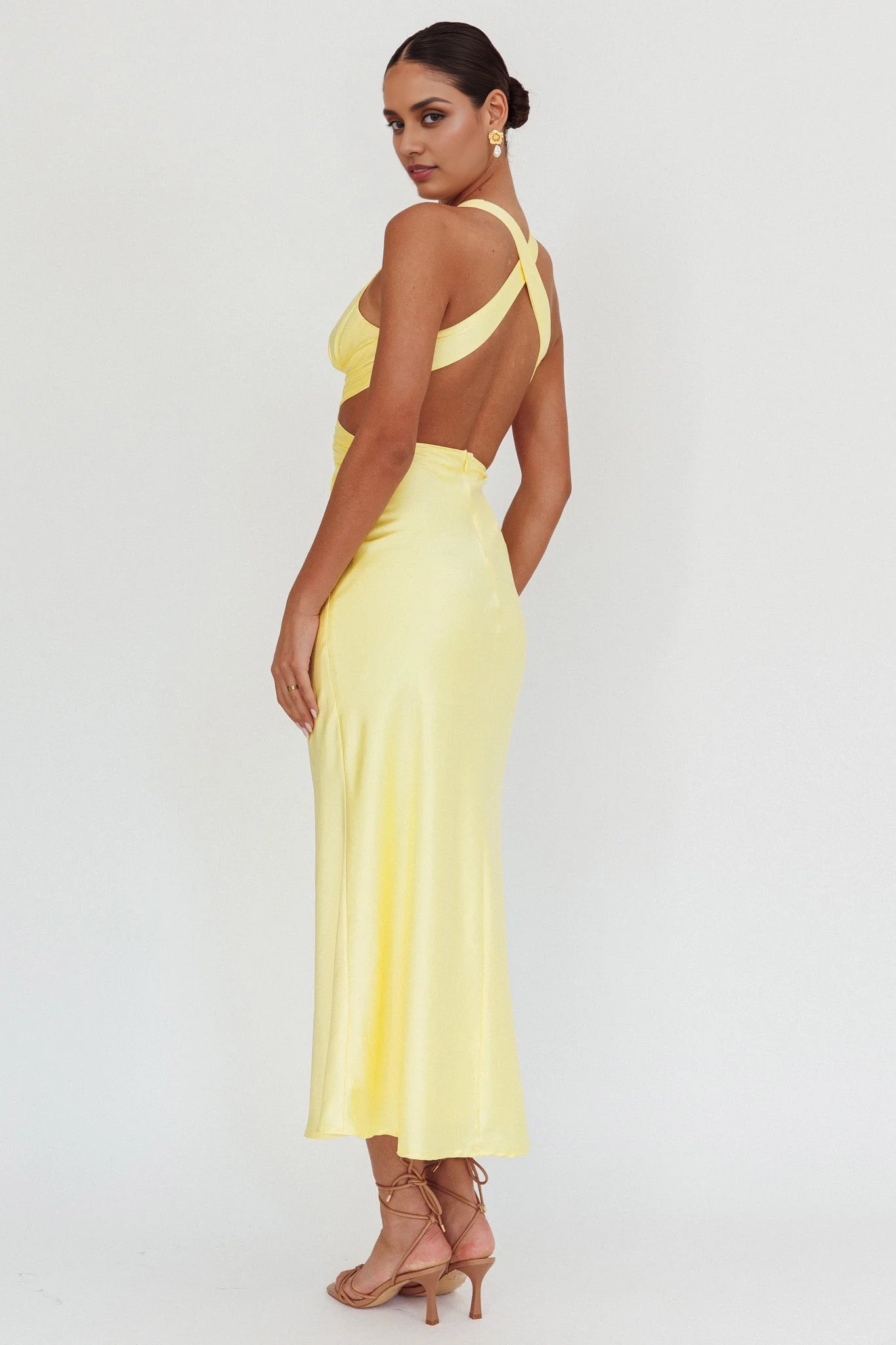 Stunning waist slit, cross straps, exposed back, invisible back zipper bridesmaid dress