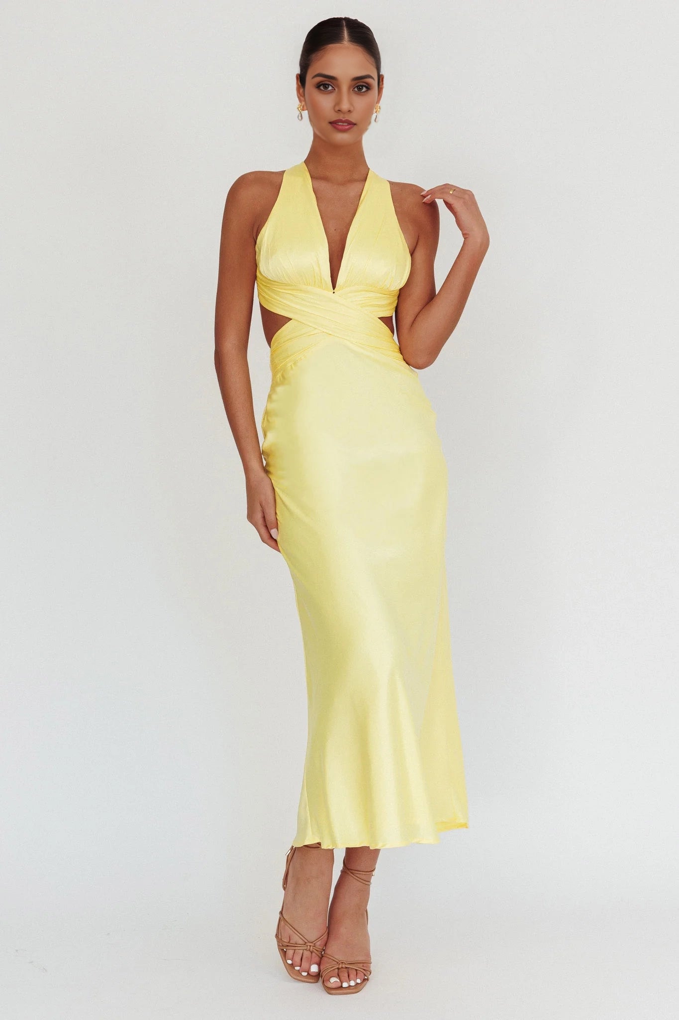 Stunning waist slit, cross straps, exposed back, invisible back zipper bridesmaid dress