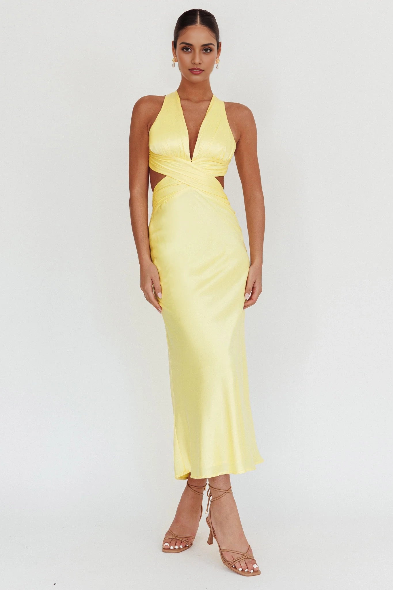 Stunning waist slit, cross straps, exposed back, invisible back zipper bridesmaid dress
