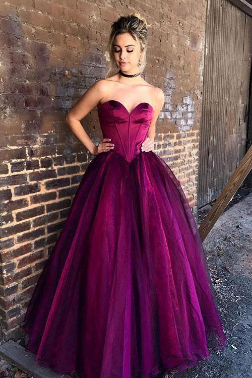 Fashionable and sweet strapless purple sheer long A-line ball dress