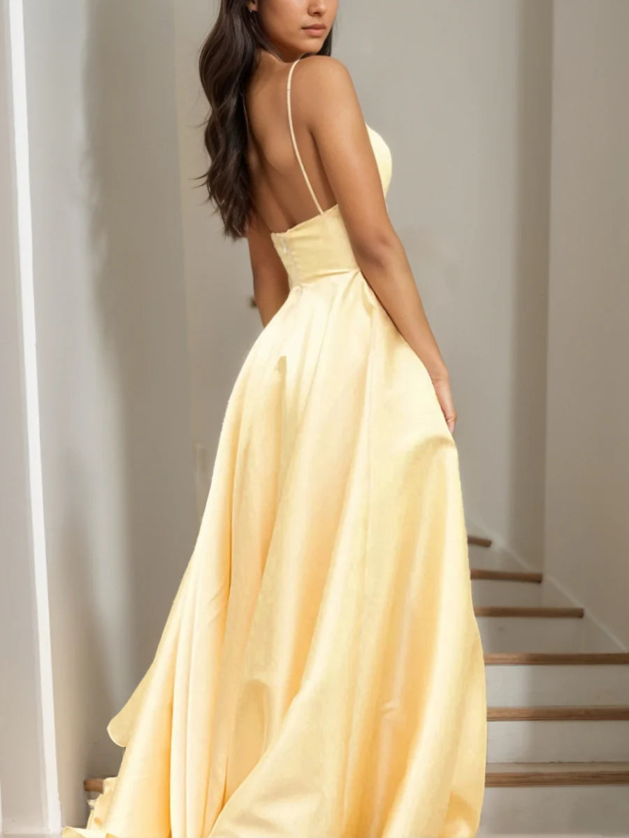 Sunny V-Neck Spaghetti Strap Open Back A-Line Floor-Length Prom Dresses