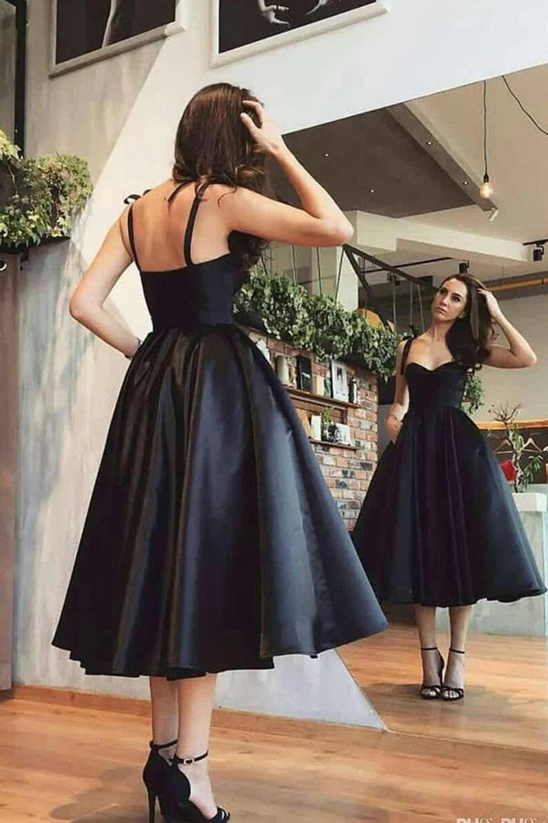 Satin Tea Long Italian Noodle Strap Short Cocktail Party Back to School Dress