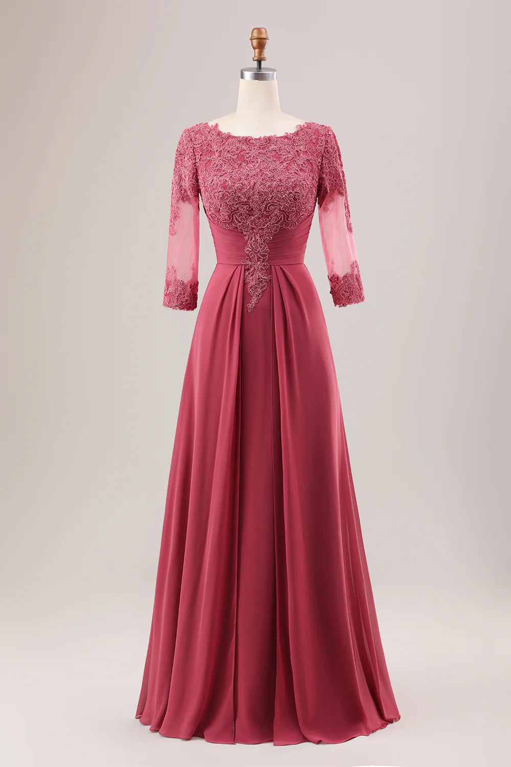 A Line Pleated Applique Mother of the Bride Dress With Long Sleeves