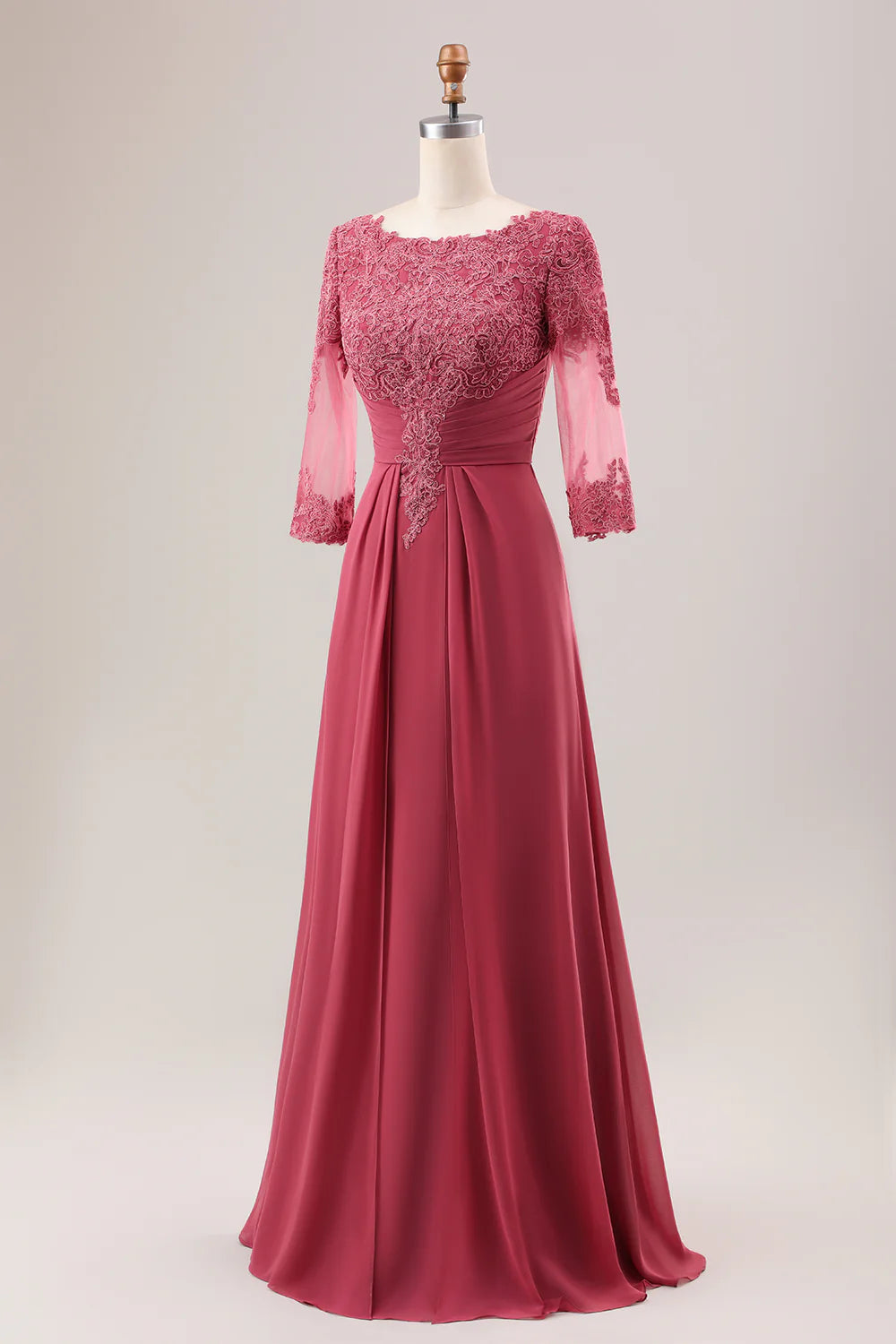 A Line Pleated Applique Mother of the Bride Dress With Long Sleeves