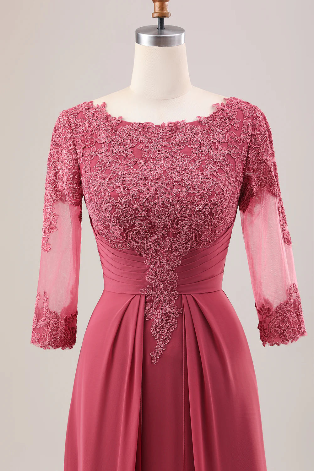 A Line Pleated Applique Mother of the Bride Dress With Long Sleeves