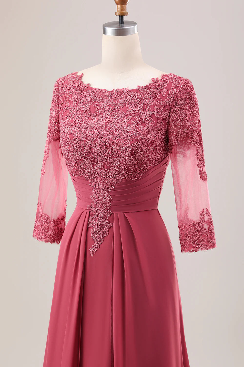 A Line Pleated Applique Mother of the Bride Dress With Long Sleeves