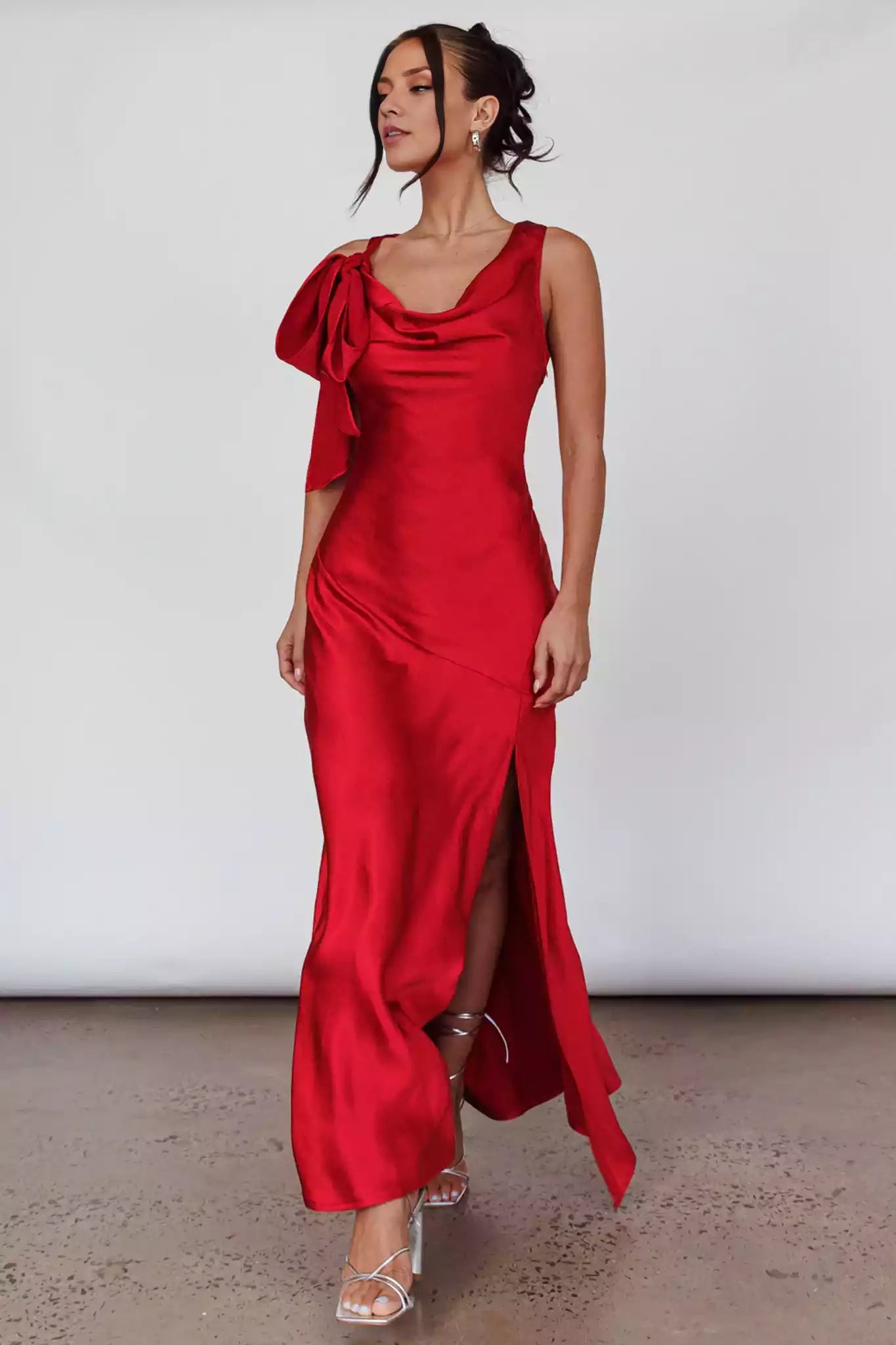 The eye-catching mid length unlined lace up shoulder side slit with zipper on the side Bridesmaid Dresses