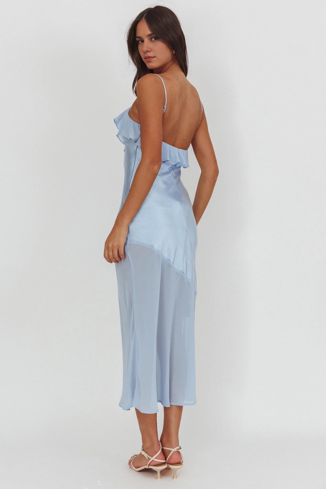 The eye-catching ruffled neckline, see through hem, ruffled mid length bridesmaid dress