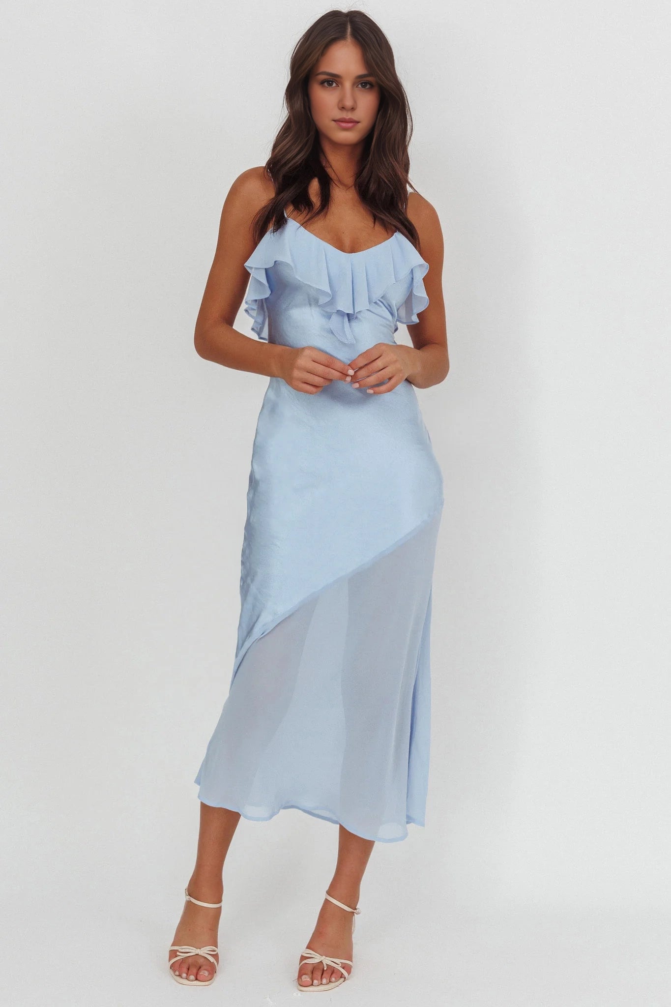 The eye-catching ruffled neckline, see through hem, ruffled mid length bridesmaid dress