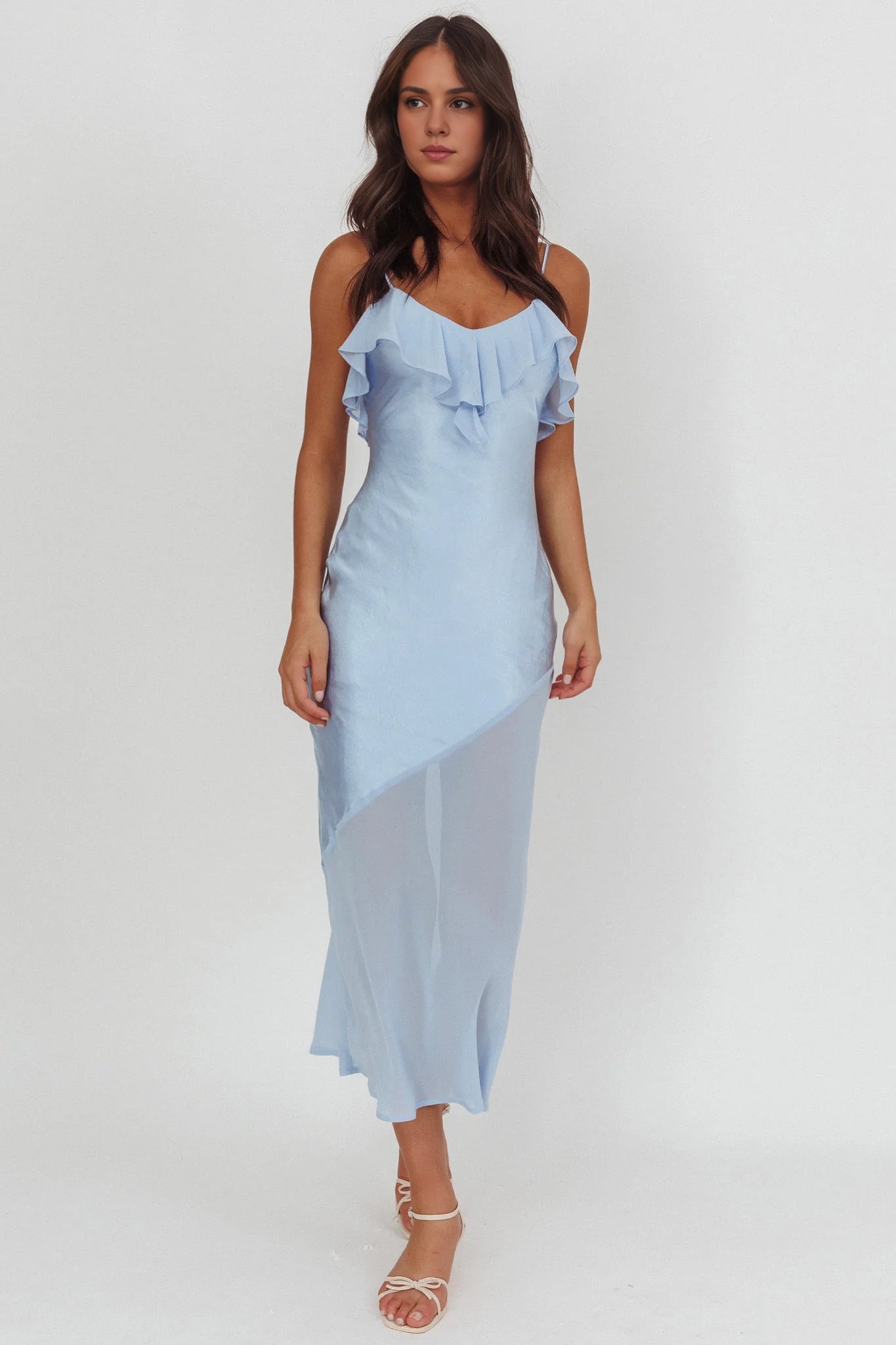 The eye-catching ruffled neckline, see through hem, ruffled mid length bridesmaid dress