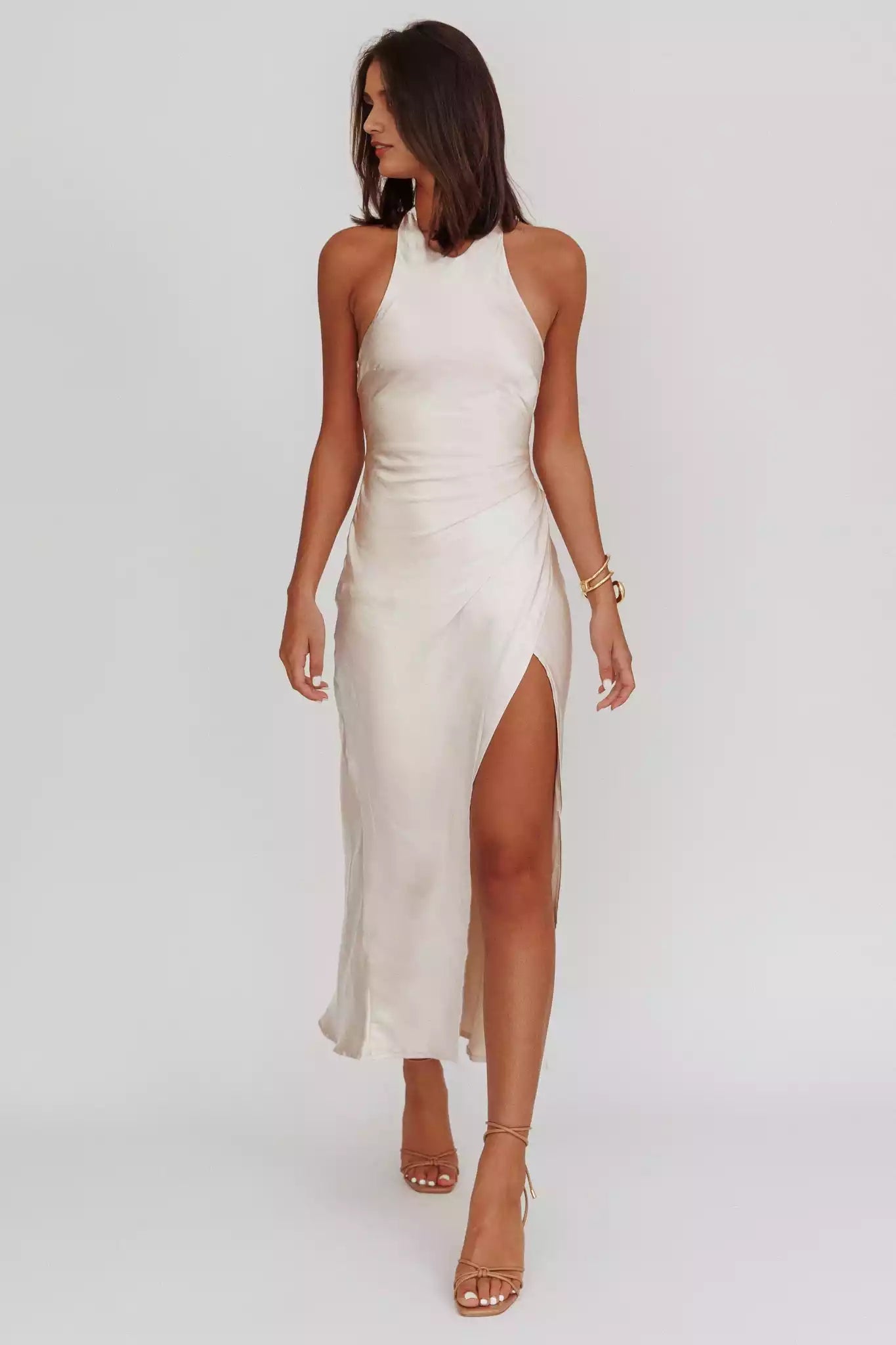 The eye-catching satin hanging neck with a long leg slit and an unlined invisible side zipper Bridesmaid Dresses