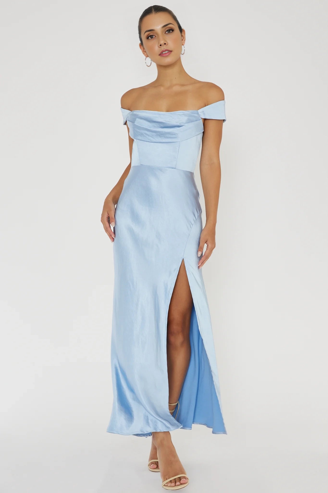 The eye-catching satin long low waist invisible zipper off shoulder V-back bridesmaid dress