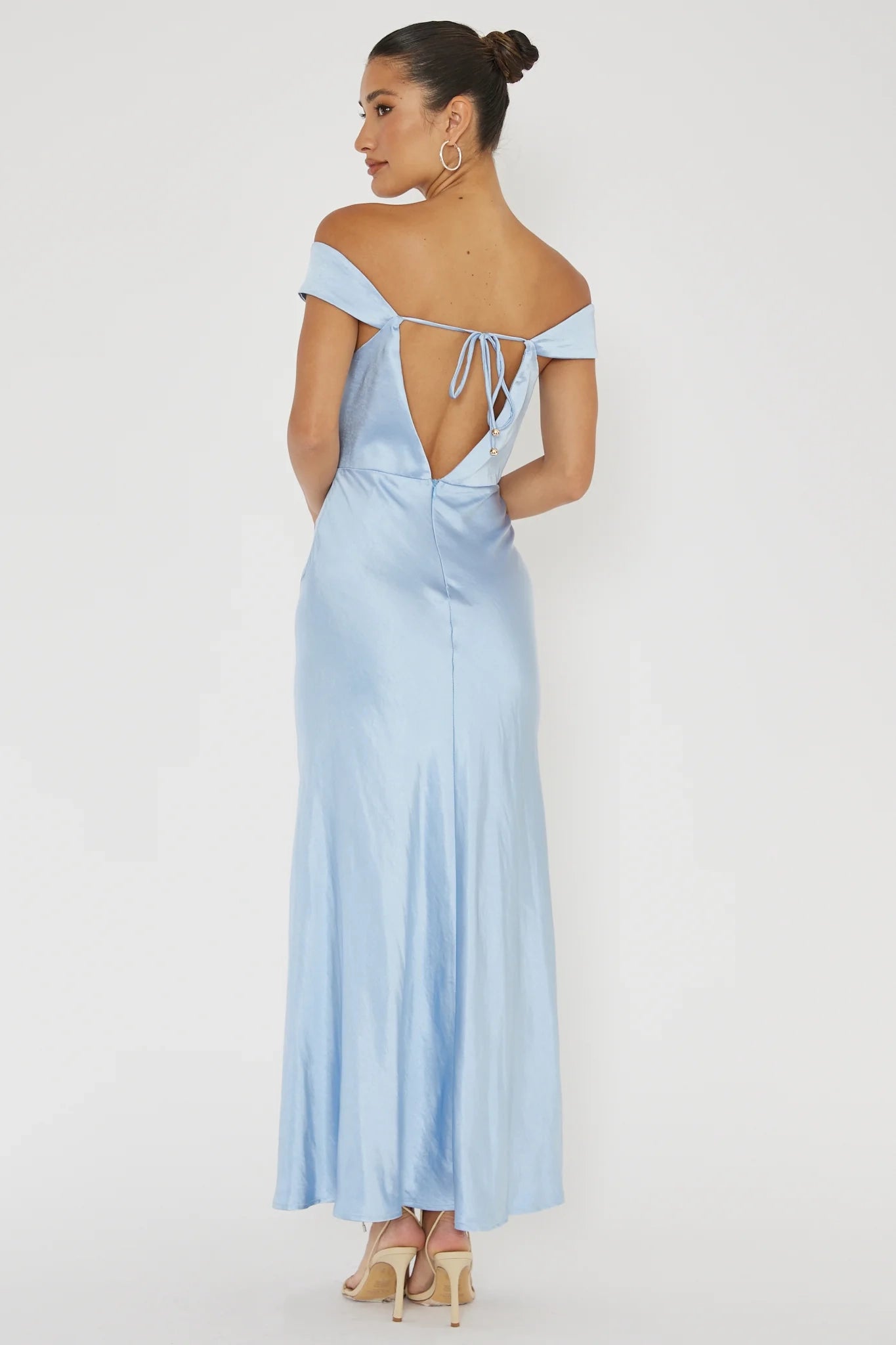 The eye-catching satin long low waist invisible zipper off shoulder V-back bridesmaid dress