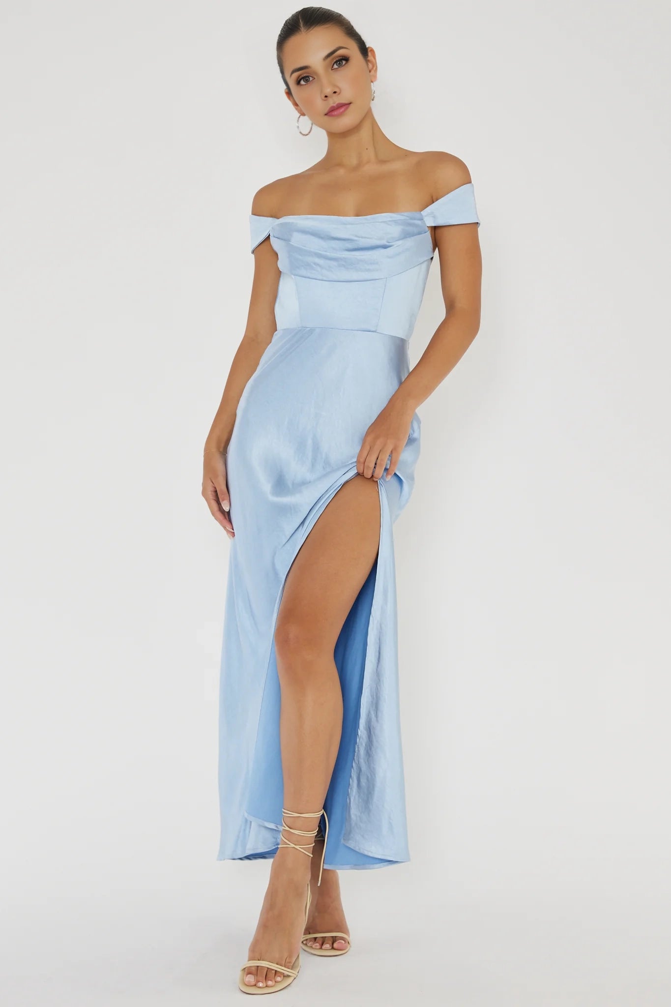 The eye-catching satin long low waist invisible zipper off shoulder V-back bridesmaid dress