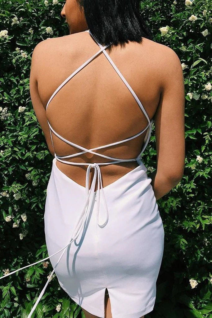 Lace up white Homecoming Party dress with slit satin finish