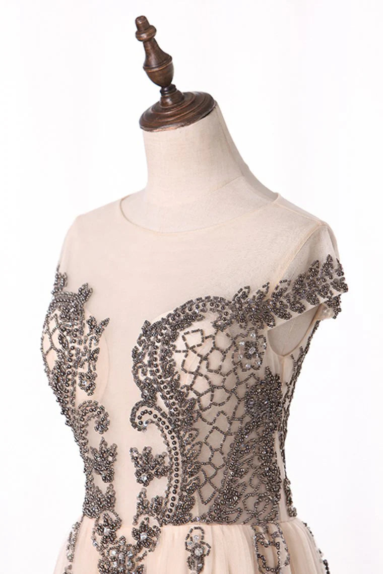 Beautiful sheer ball dress with A-line beto hat sleeves and dewdrops on the back