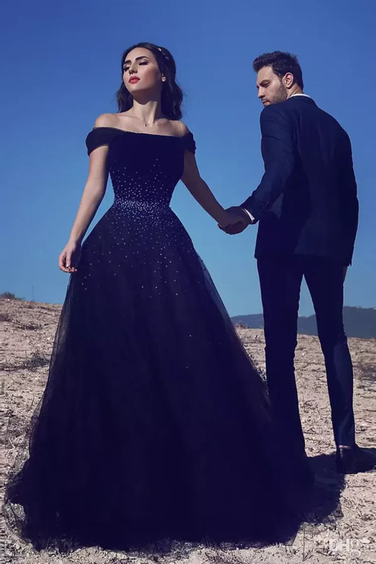 Elegant and beautiful tulle dance dress with off the shoulder one line skirt embellishment beads