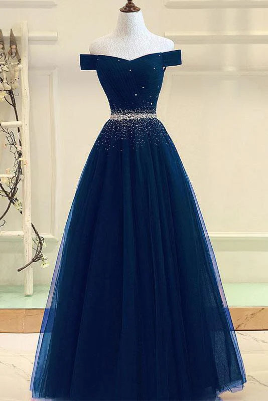 Elegant and beautiful tulle dance dress with off the shoulder one line skirt embellishment beads