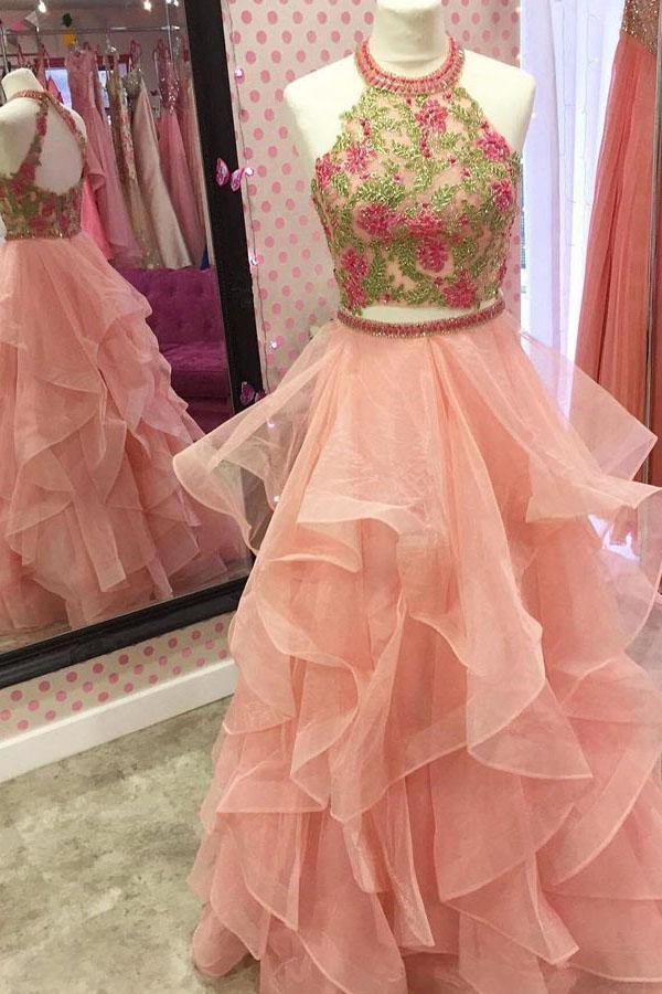 Tulle Two Piece Halter Open Back Prom Dresses with Appliques Sleeveless Formal Gowns