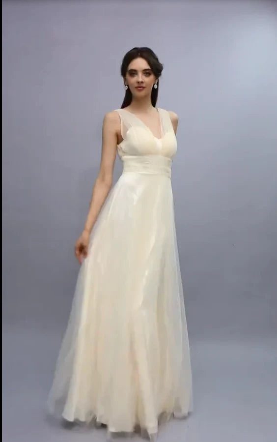 Elegant sheer V-neck bridesmaid dress with A-line ruffled edge and floor length skirt