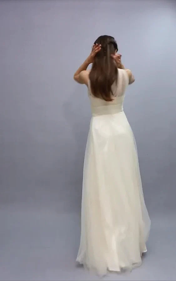 Elegant sheer V-neck bridesmaid dress with A-line ruffled edge and floor length skirt