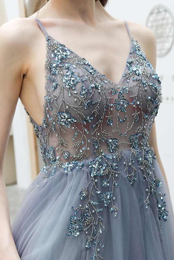 Blue A-line Tulle Formal Evening Dress