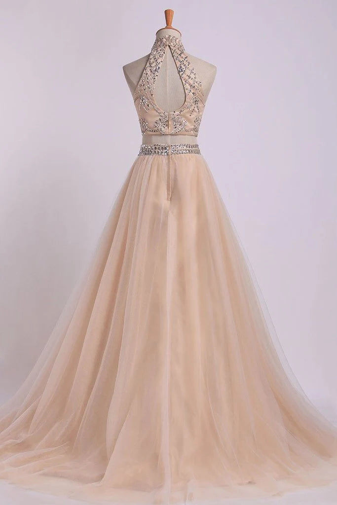 Two piece elegant high necked ball dress with A-line sheer beads