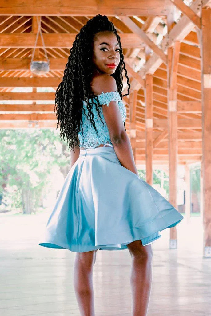 Two piece elegant off shoulder lace satin back to school dress
