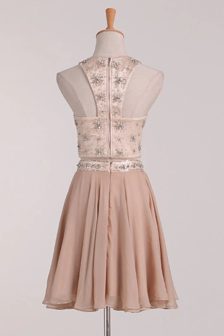 Scoop Homecoming Party Dress Two Piece Set A-Line Chiffon Beads