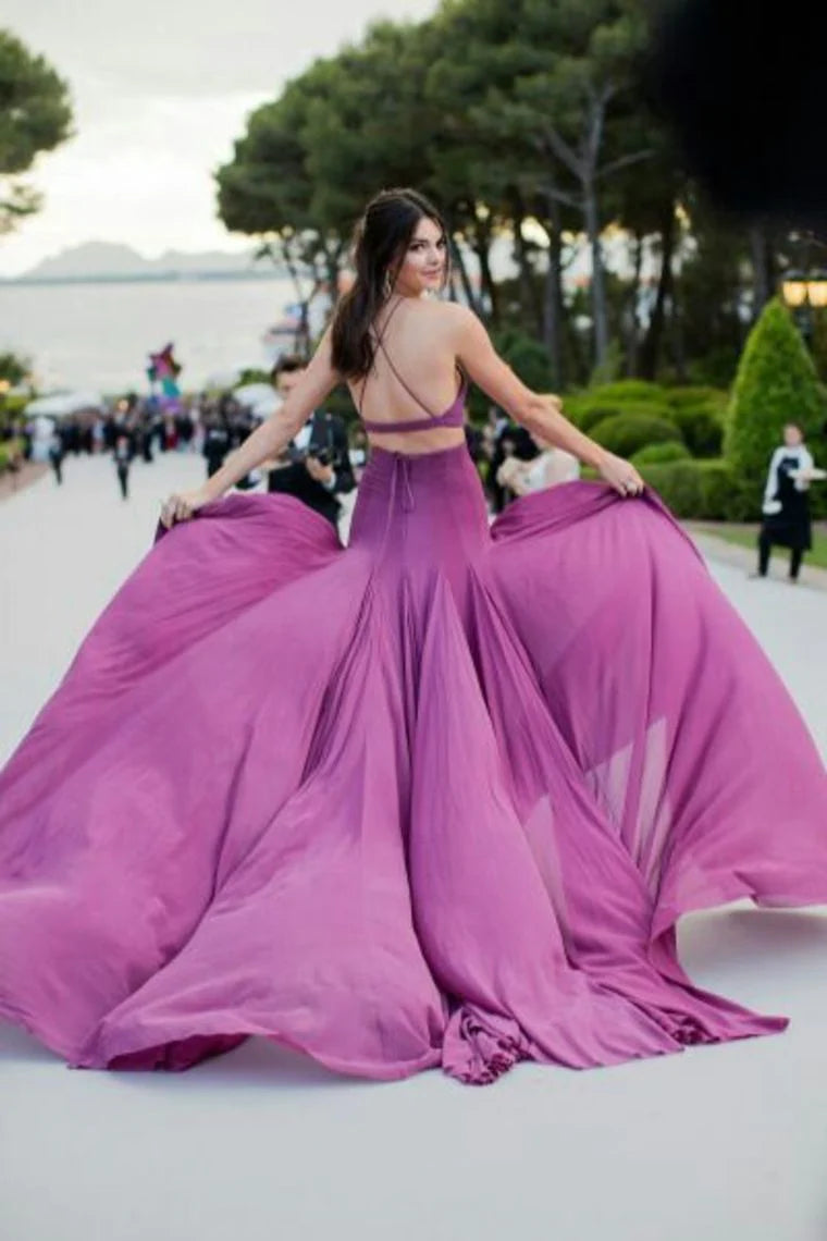Two piece spaghetti strap dance party dress A-line chiffon backless