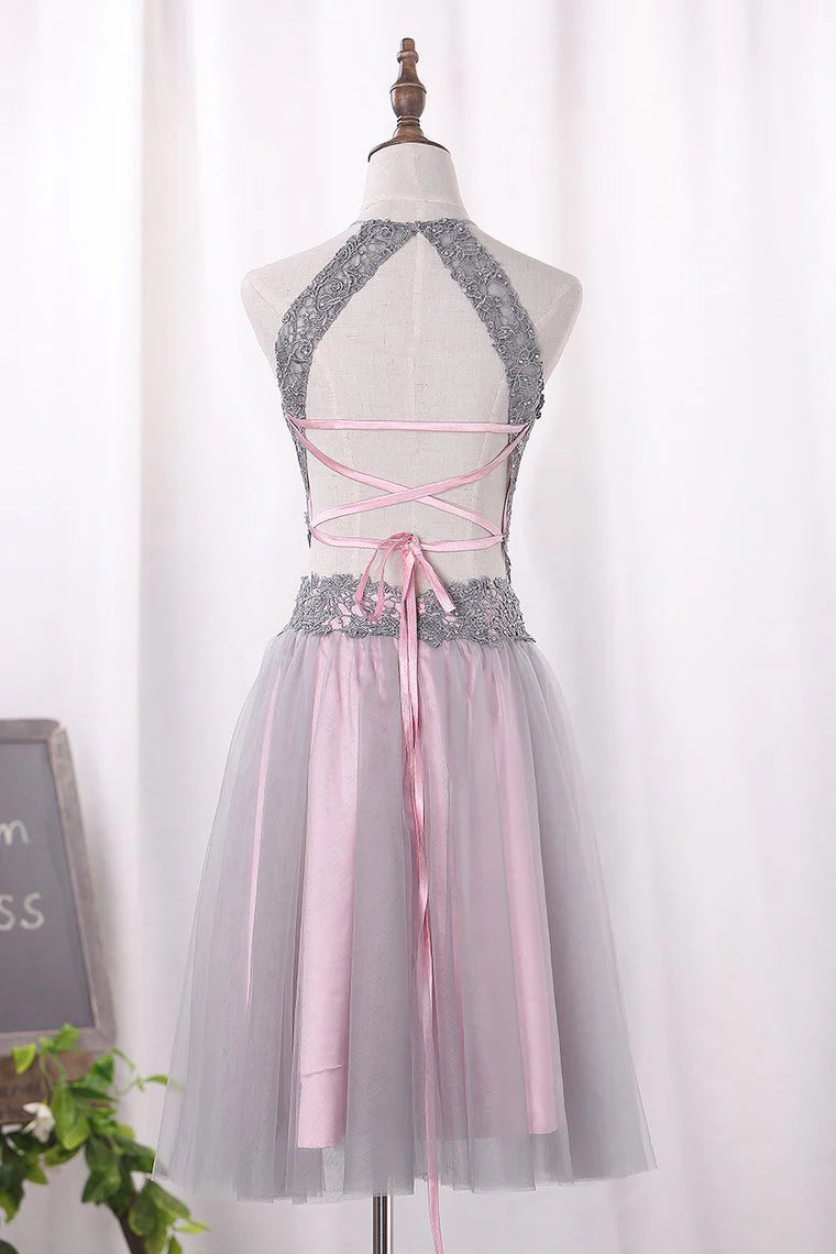 Two piece dress set with A-line sheer short mini lace tight fitting corset
