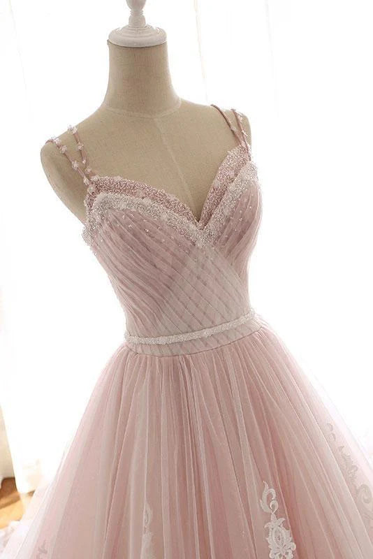 A-line Pink Sweetheart Tulle Italian Noodle Strap Long Lace Ball Dress UK