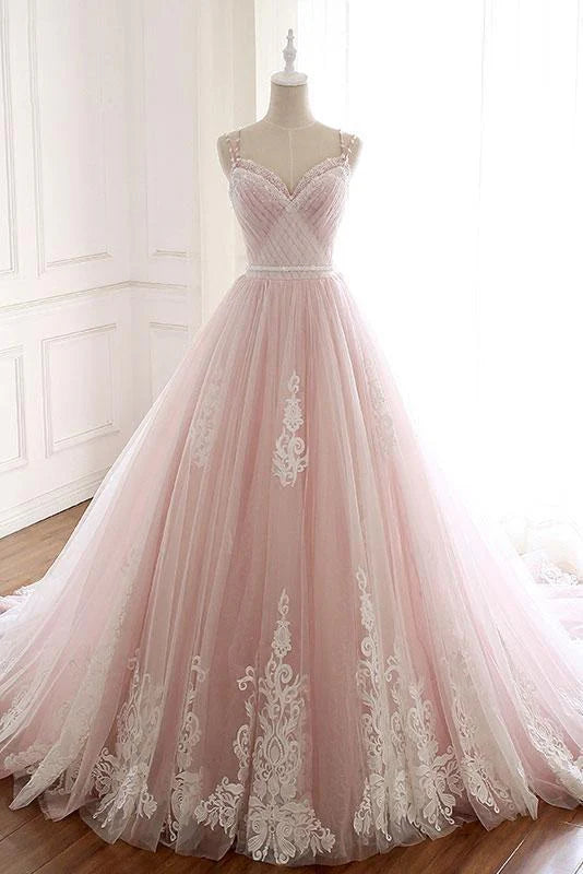 A-line Pink Sweetheart Tulle Italian Noodle Strap Long Lace Ball Dress UK